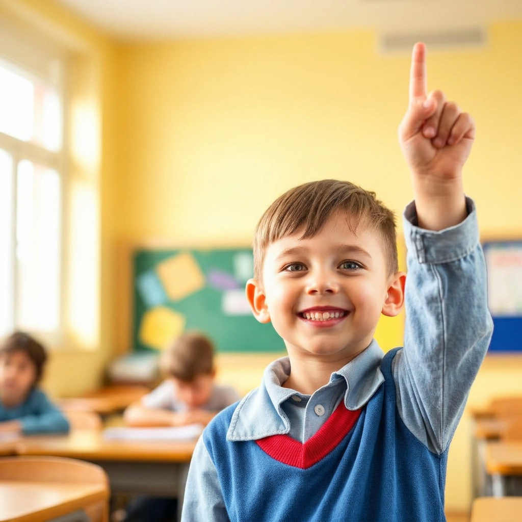 Selbstbewusster Grundschüler meldet sich im Unterricht