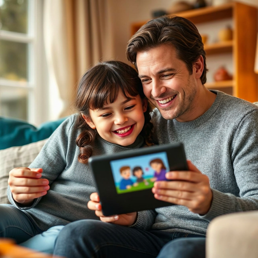 Vater und Grundschulkind schauen gemeinsam ein Brain4Kids Lernvideo